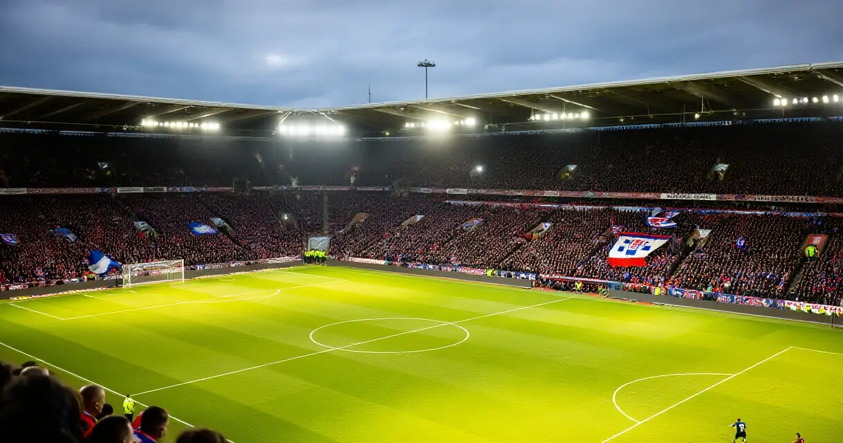 Valioliigan jalkapallo-ottelu täydessä stadiossa iltavalaistuksessa