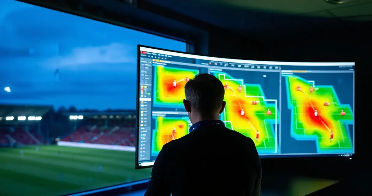 Jalkapalloanalyytikko tarkastelee edistyneit&auml; tilastoja tietokoneella stadionilla