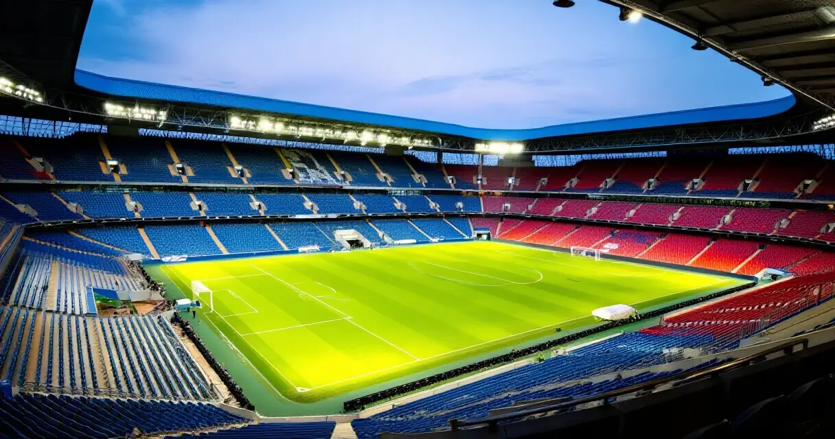 Valioliiga-stadion täynnä katsojia illalla valaistuna
