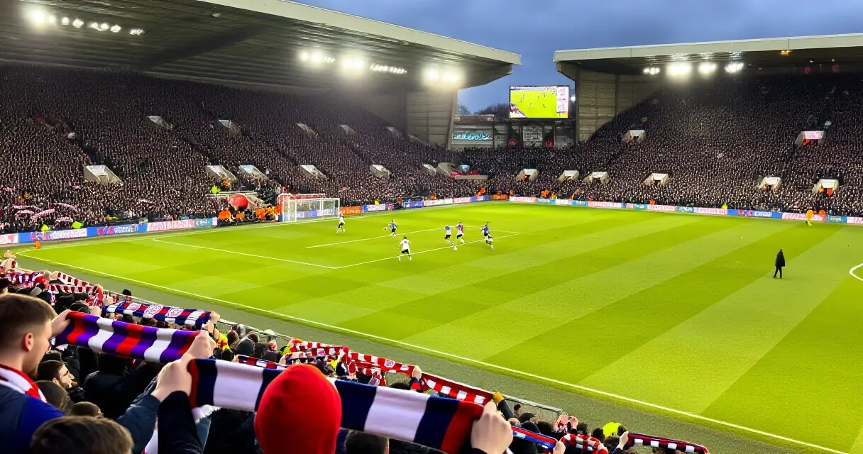 Valioliiga-ottelu täydessä jalkapallostadionissa Englannissa