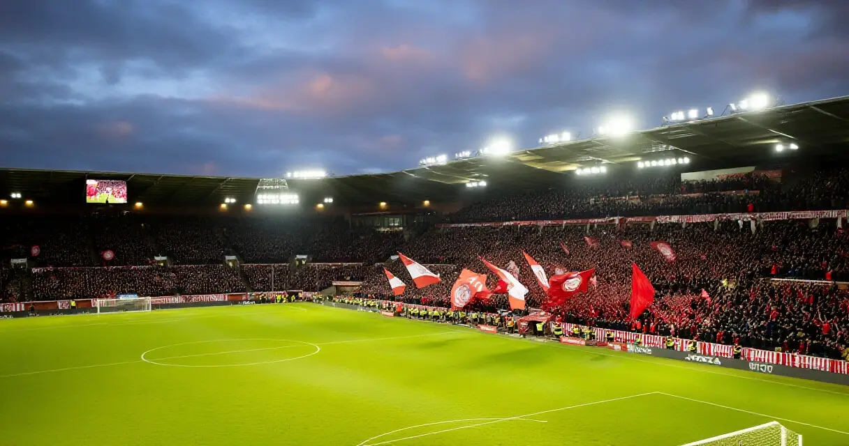Täynnä oleva jalkapallostadion iltavalaistuksessa punaisen joukkueen mestaruusjuhlissa