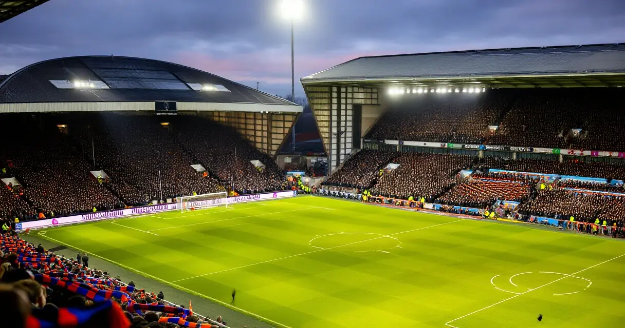 Valioliigan ottelu täydessä englantilaisessa jalkapallostadionissa valonheitinten alla