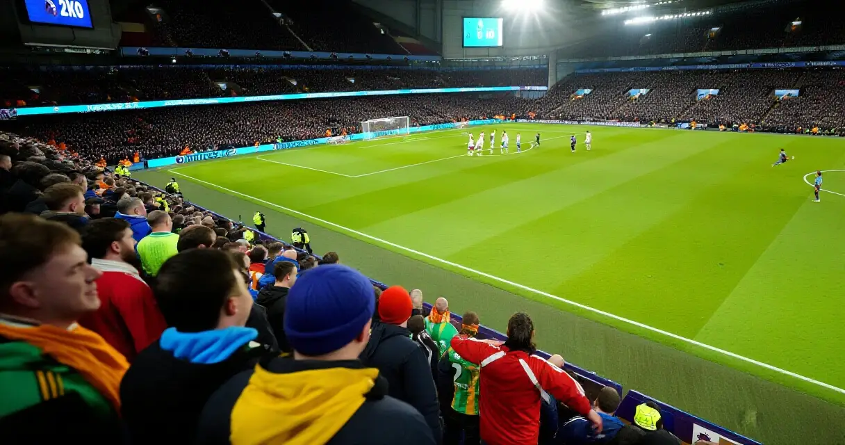 Täysi Valioliiga-stadion ottelun aikana, vihreä nurmikko ja kirkkaat stadionvalot