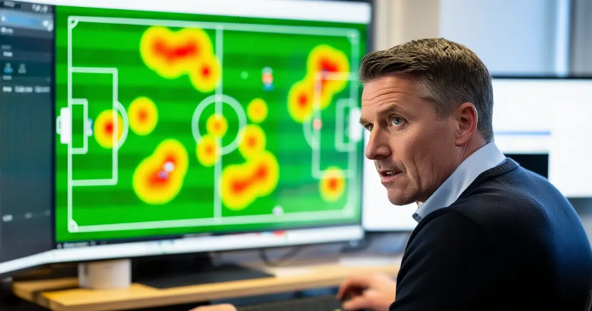 Jalkapalloanalyytikko tarkastelee laukaisupaikkakarttaa ja xG-dataa