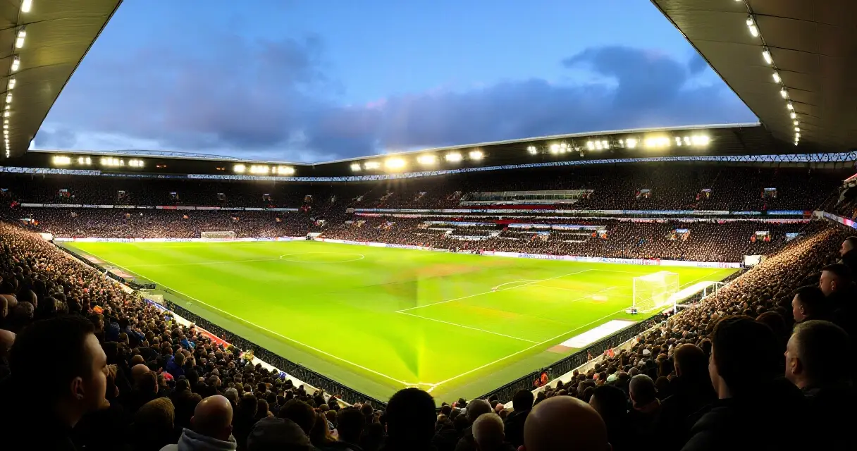 Täysi jalkapallostadion valioliigaottelun aikana iltavalaistuksessa