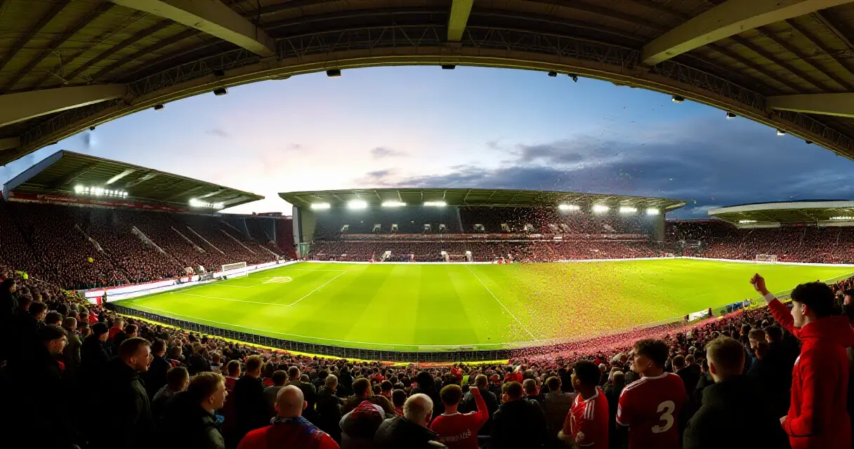 Täysi jalkapallostadion iltavalaistuksessa juhlivine faneineen