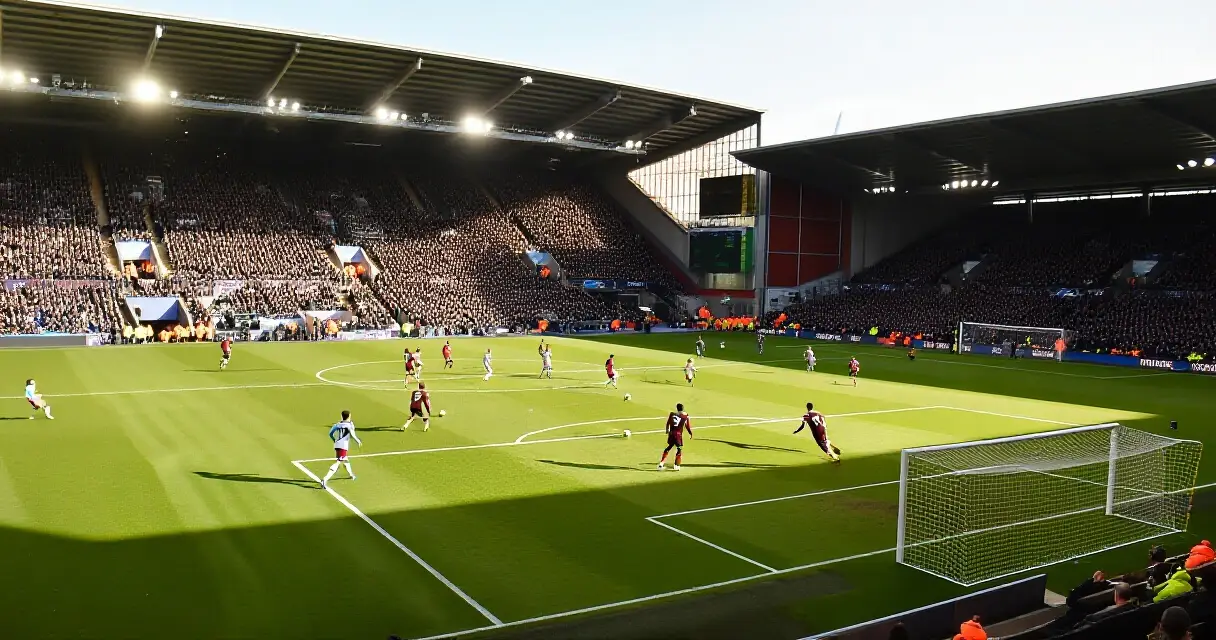 Jalkapallostadion Valioliiga-ottelun aikana, näkymä maalin takaa