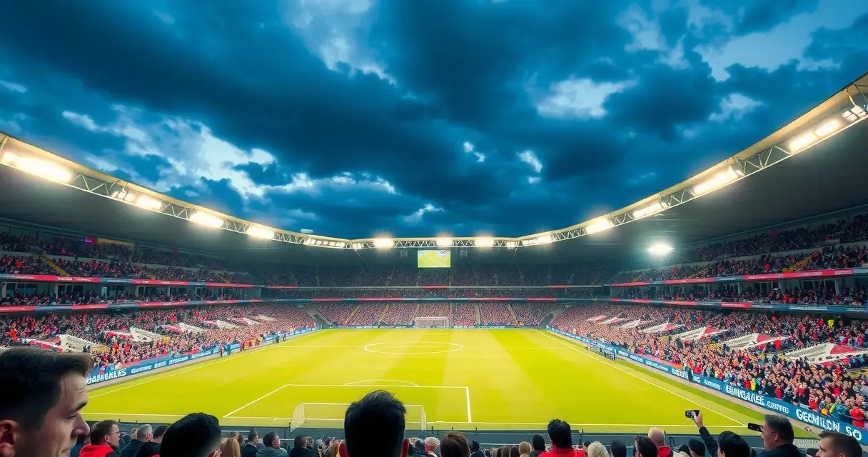 Täysi jalkapallostadion valioliigaottelun aikana iltavalaistuksessa