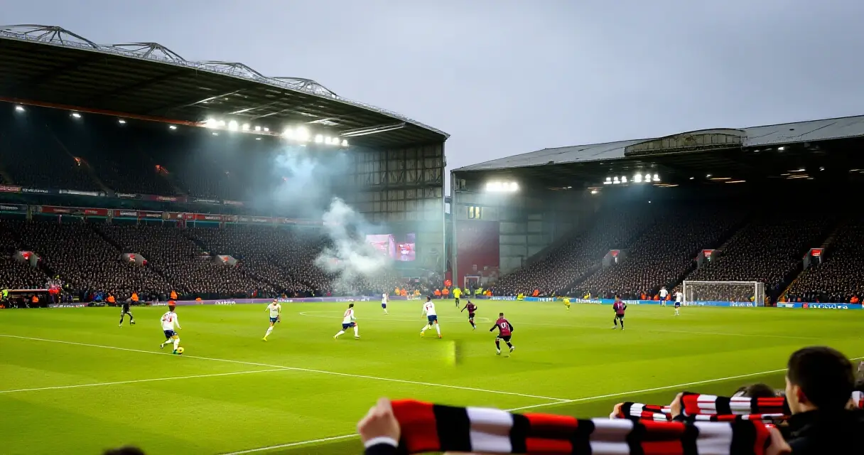 Valioliigan ilta-ottelu täydellä stadionilla, pelaajat kentällä